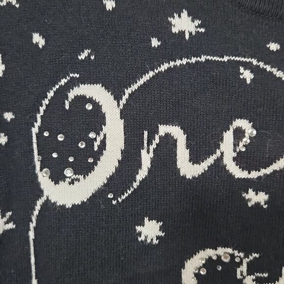 Womens Black Sweater Starry Night Embellished Script Snowflake Asymmetric Tunic - Picture 6 of 9